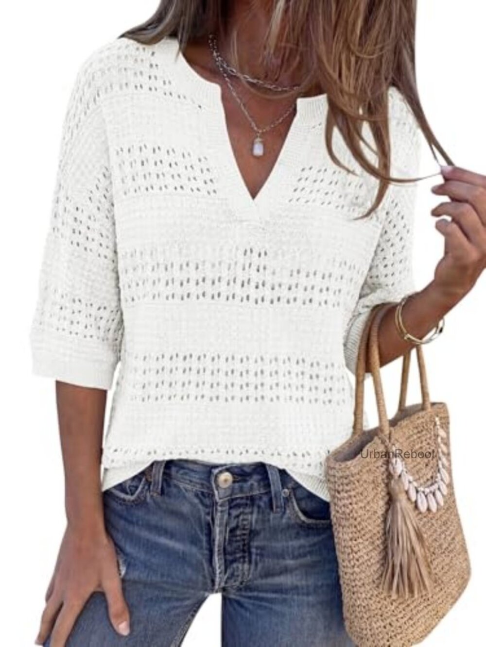 Women's Crochet Knit Short Sleeve Oversized V-Neck Pullover Sweater Summer